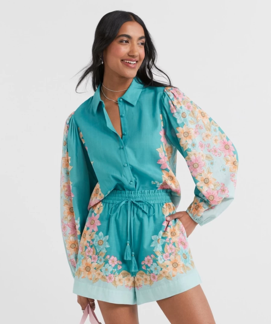 Sportsgirl Women's Teal Cotton Printed Shorts - Zaida Floral Design Casual Summer Shorts
