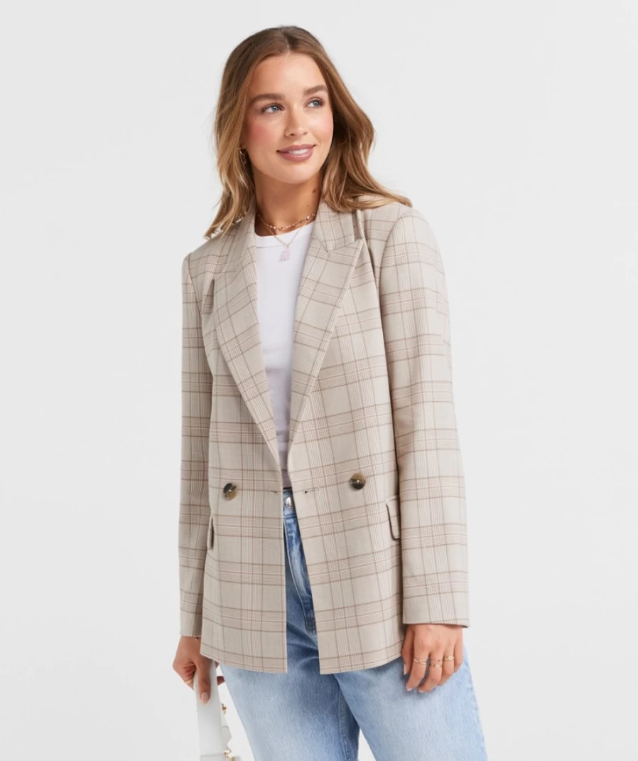 Sportsgirl Women's Check Esther Double Breasted Blazer Coat