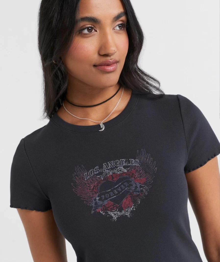 Sportsgirl Women's Slate Ribbed Baby Tee - Los Angeles Graphic Crop Top