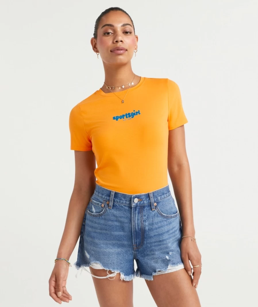 Sportsgirl Women's Rewind Bubble Logo Cropped Baby Tee - Vintage Style Short Sleeve Top