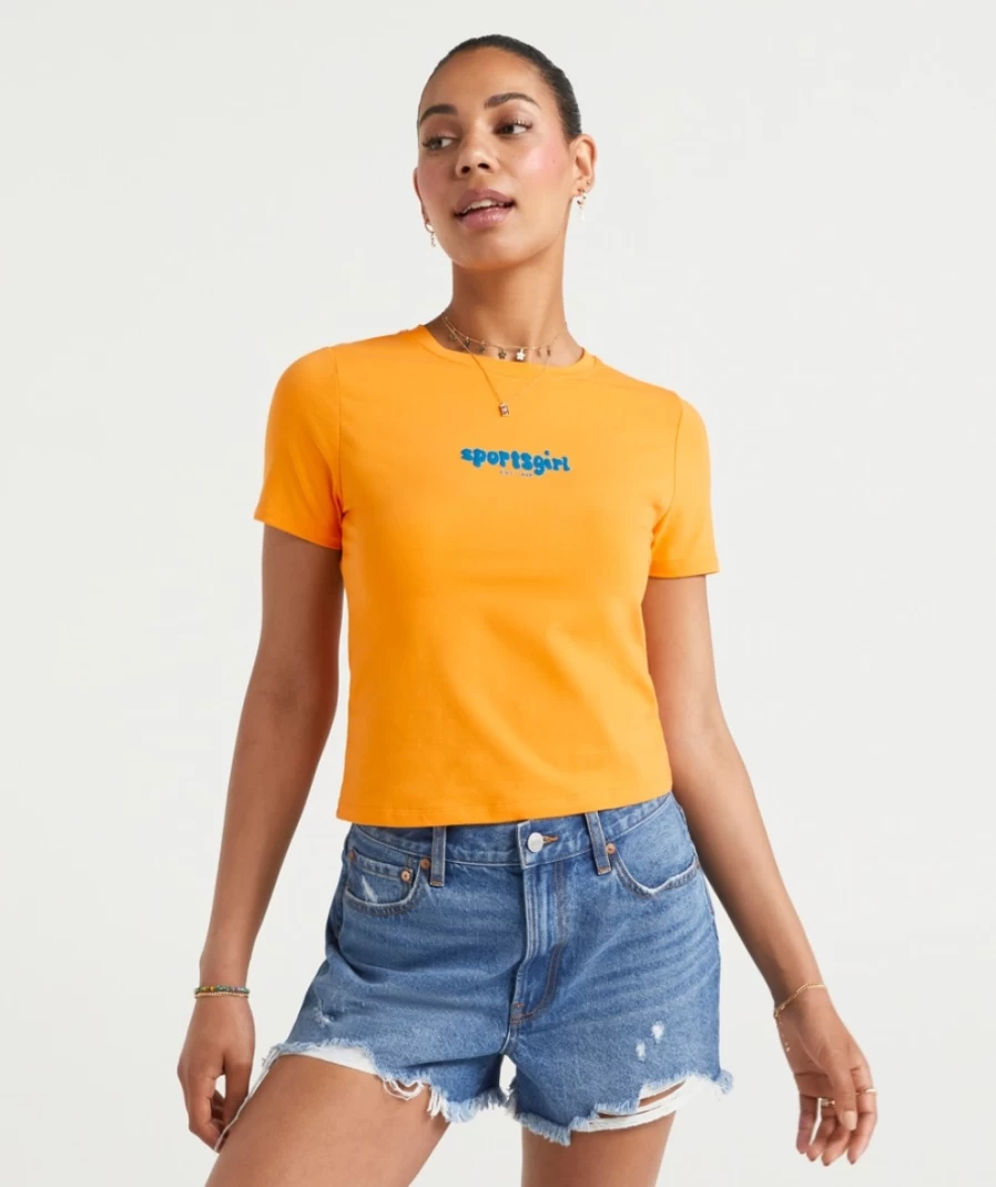 Sportsgirl Women's Rewind Bubble Logo Cropped Baby Tee - Vintage Style Short Sleeve Top