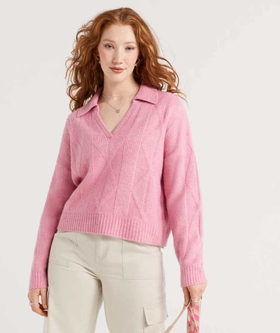 Sportsgirl Women's Pink Cable Collared Knit Sweater - Leila