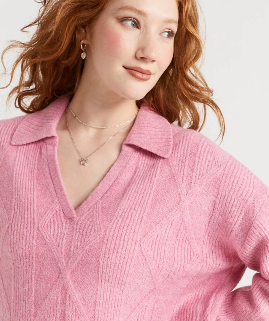 Sportsgirl Women's Pink Cable Collared Knit Sweater - Leila