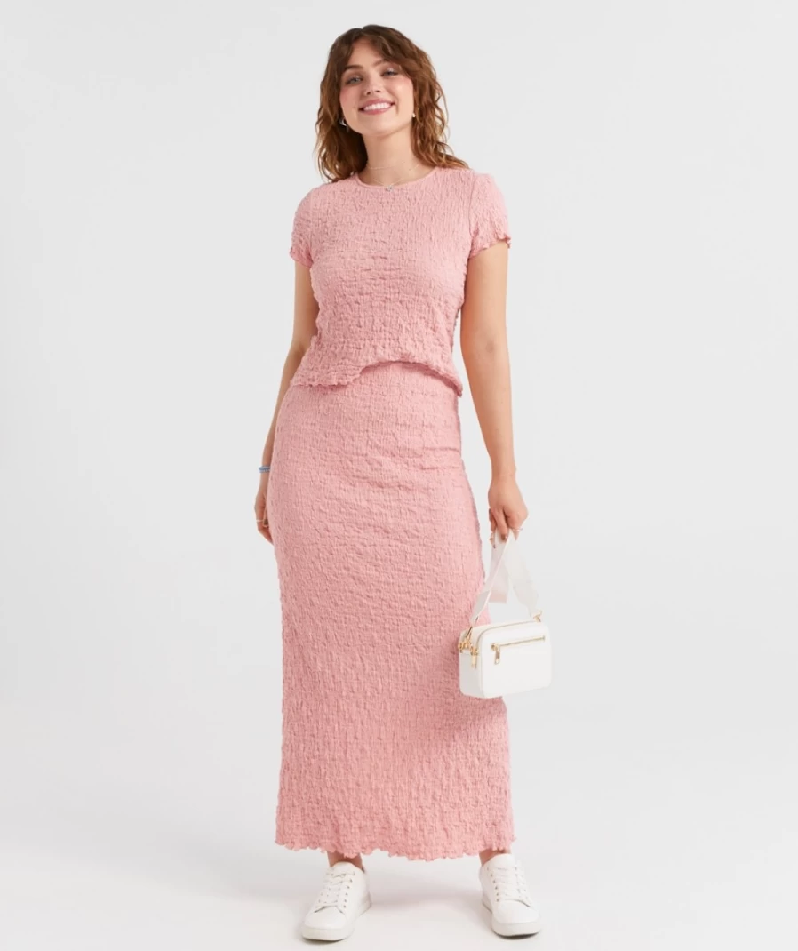 Sportsgirl Women's Pink Crinkle Midi Skirt - Sofia Style Flowy Summer Dress