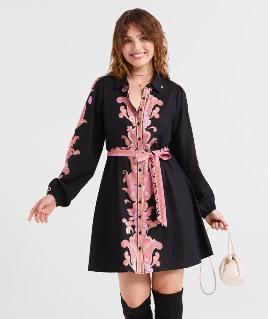 Sportsgirl Women's Black Floral Linen Blend Shirt Mini Dress - Jacinta Style