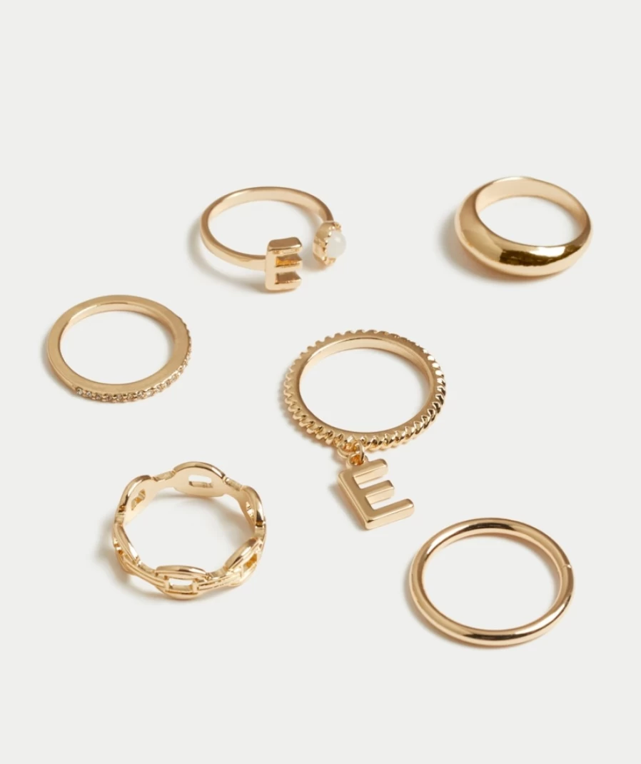 Sportsgirl Women's Gold Letter Pendant Ring Pack - Small Elegant Jewelry Gift