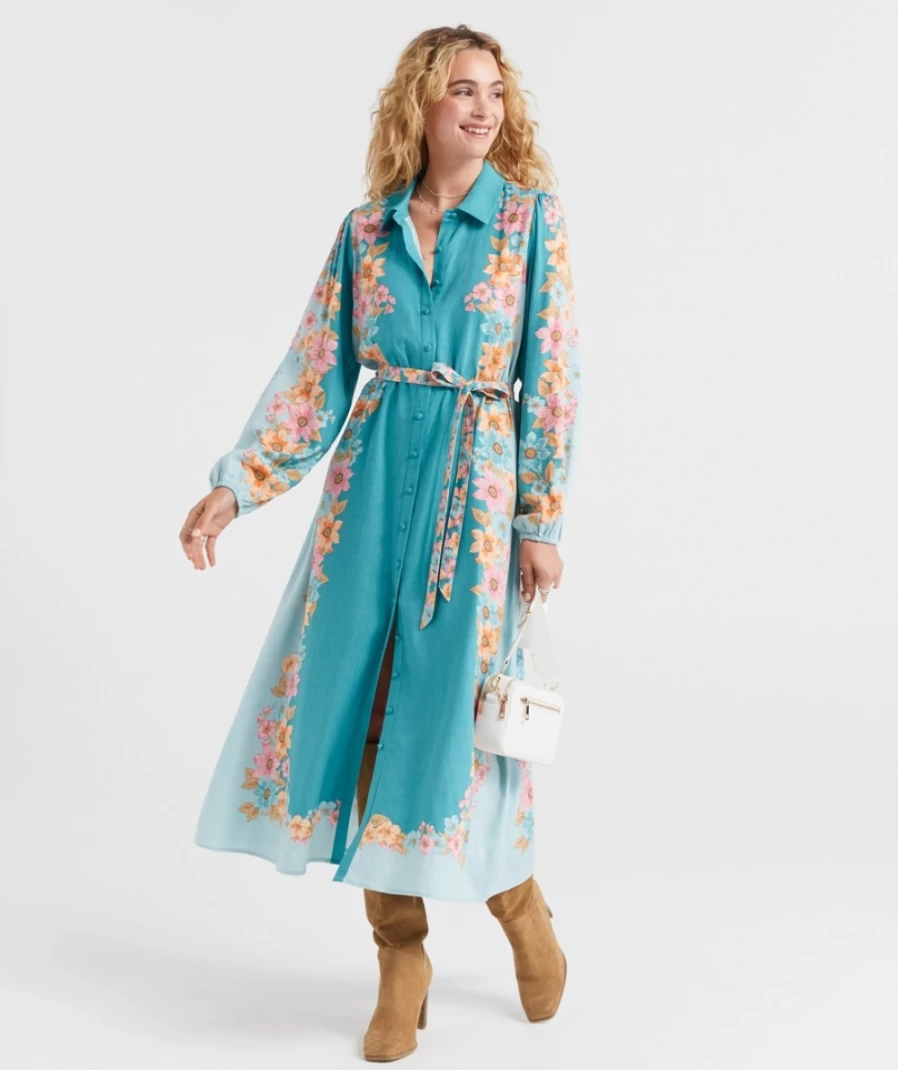 Sportsgirl Women's Teal Linen Blend Shirt Midi Dress - Adelle Style