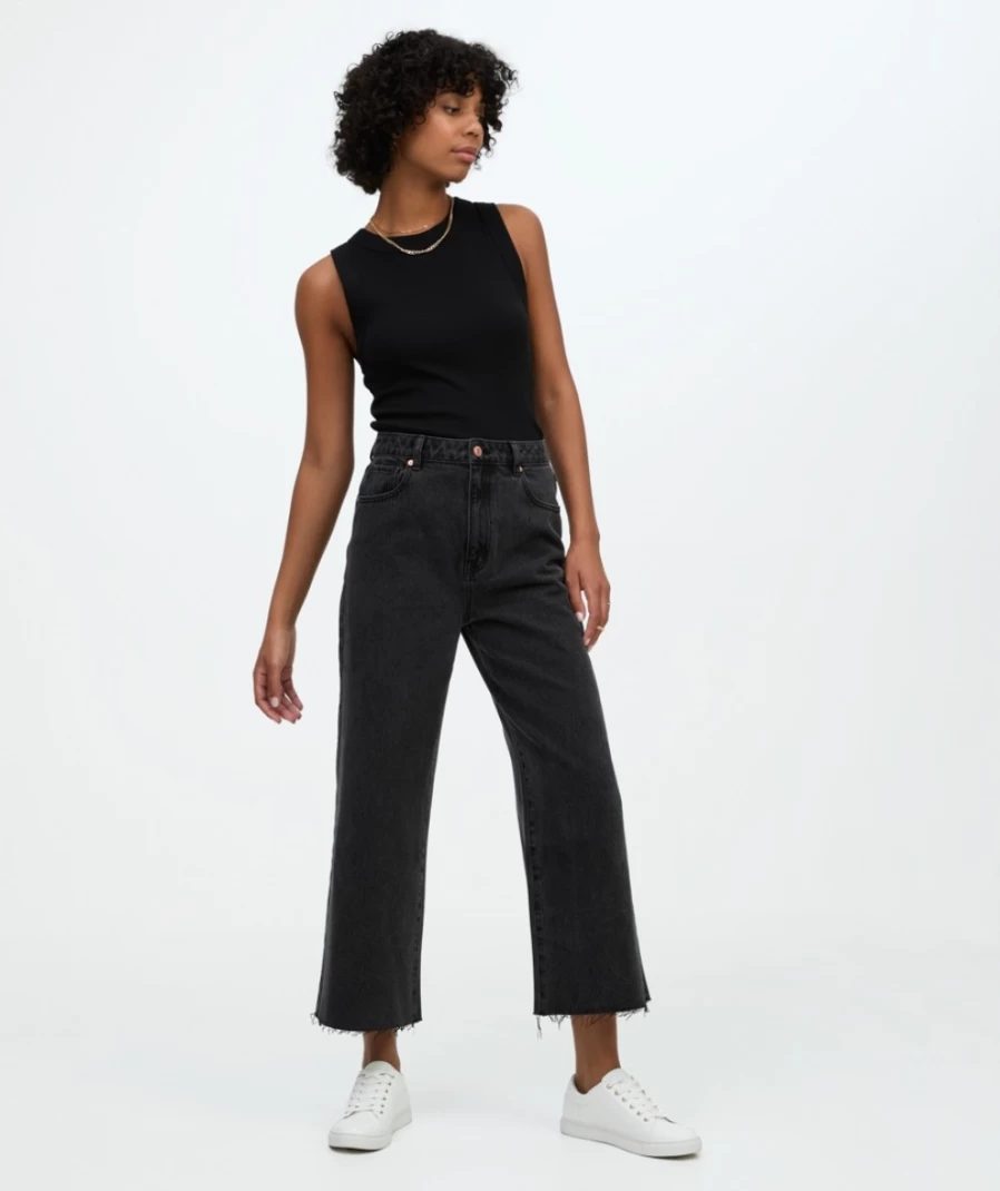Sportsgirl Women's Washed Black Culotte Jean High Waist Wide Leg Denim Pants