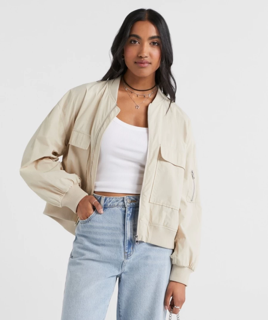 Sportsgirl Women's Taupe Tess Oversized Bomber Jacket