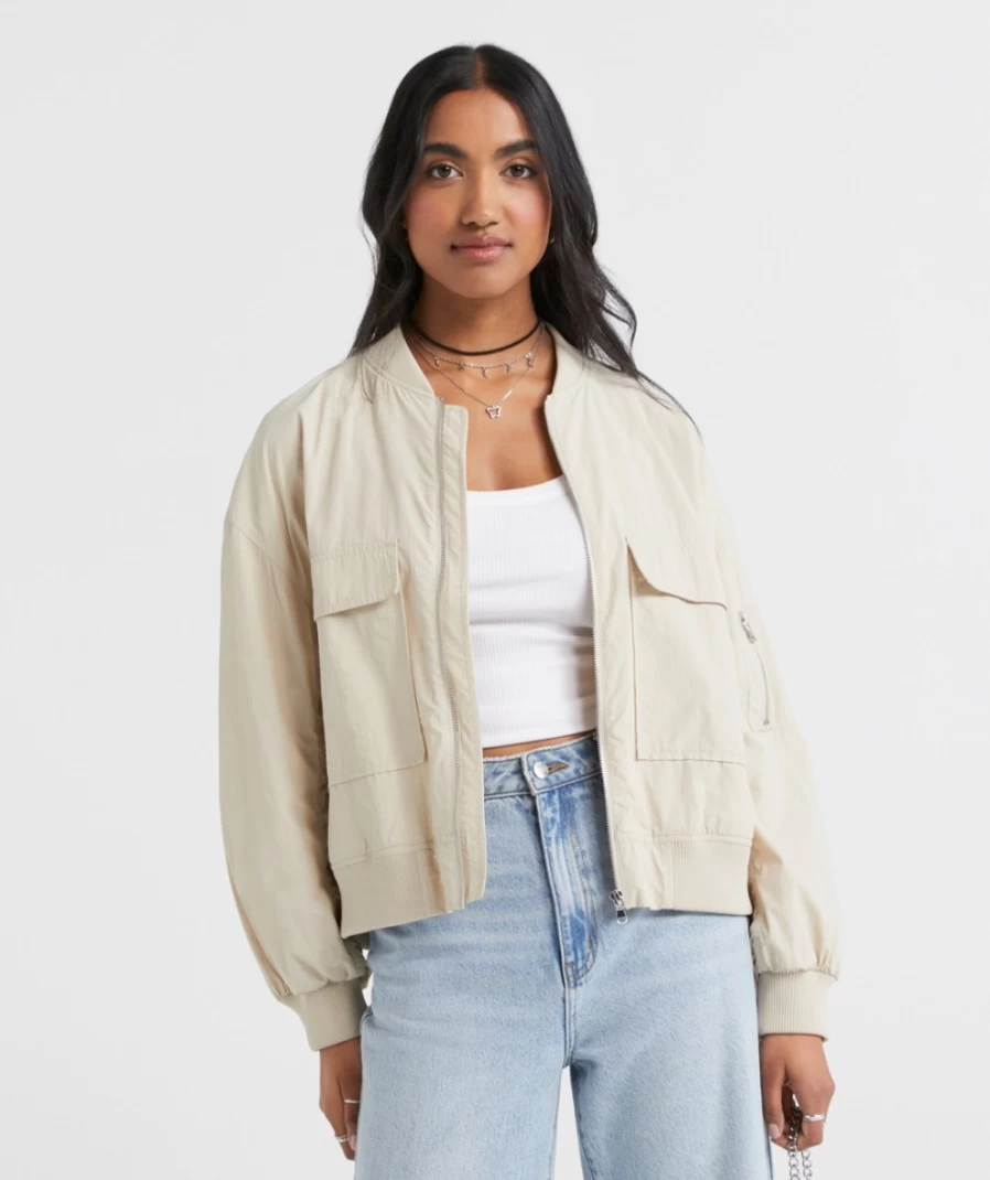 Sportsgirl Women's Taupe Tess Oversized Bomber Jacket