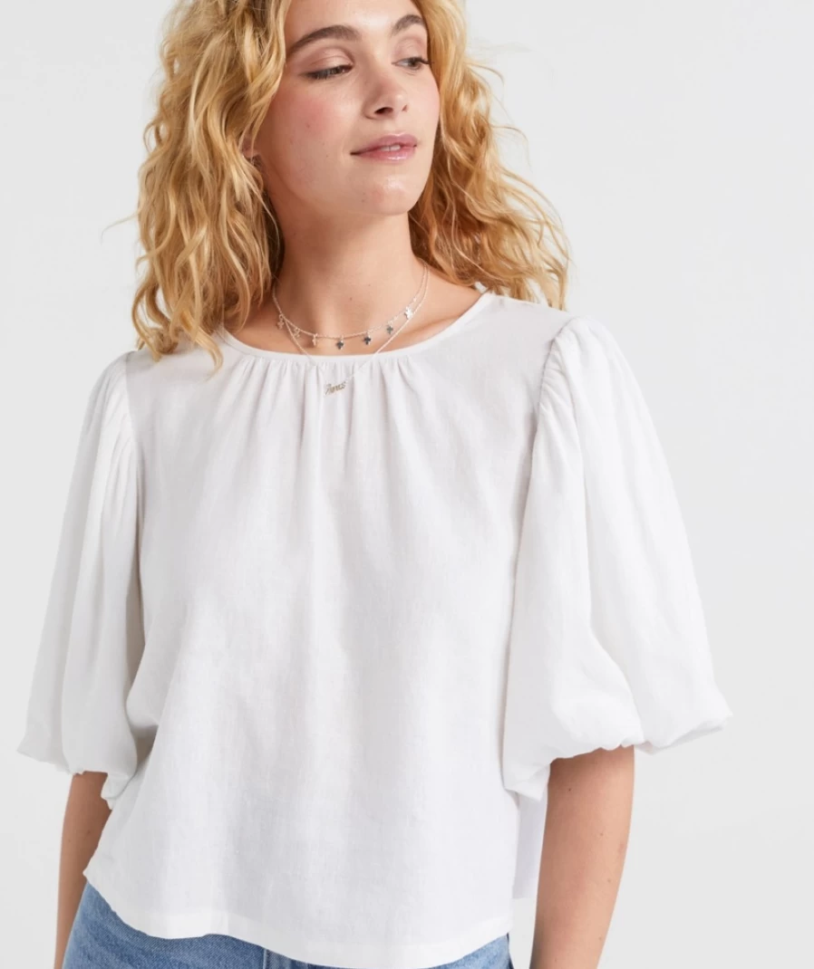 Sportsgirl Women's White Linen Blend Voluminous Sleeve Top