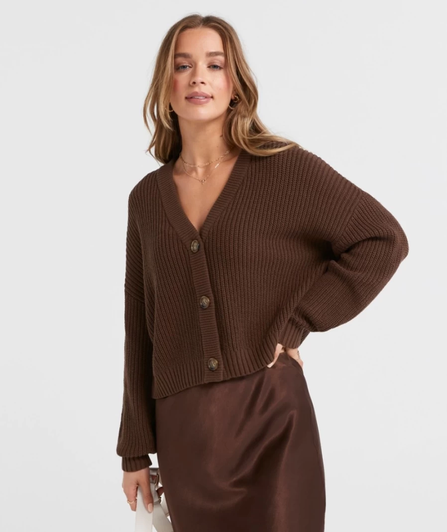 Sportsgirl Women's Chocolate Essential Knit Cardigan - Candice Cozy Sweater
