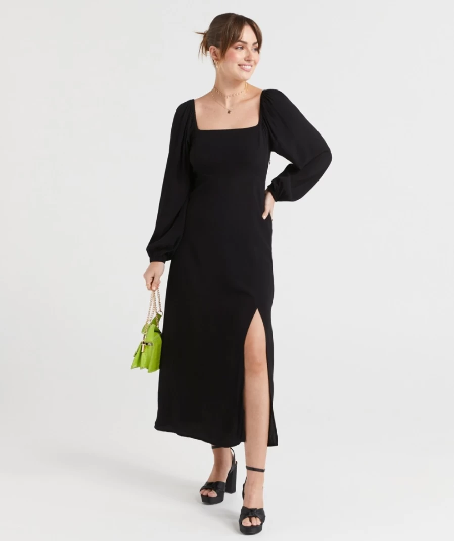 Sportsgirl Women's Black Square Neck Tea Dress - Elegant Flowy Summer Mini Dress