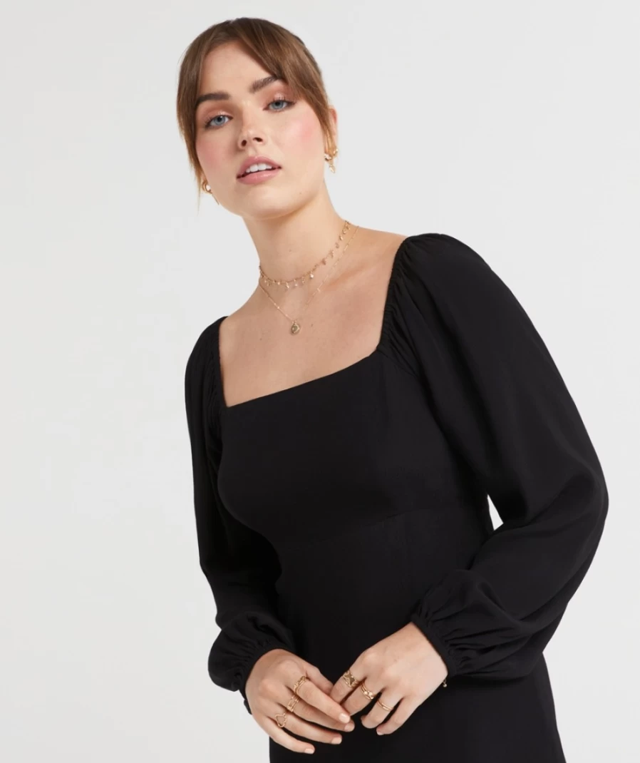 Sportsgirl Women's Black Square Neck Tea Dress - Elegant Flowy Summer Mini Dress