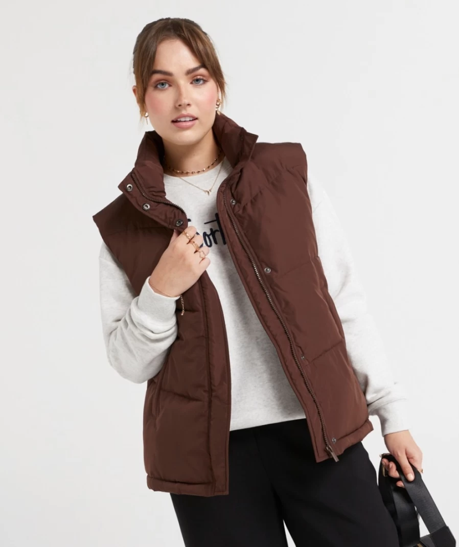 Women's Brittany Puffer Vest in Chocolate | Winter Warm Quilted Jacket by Sportsgirl
