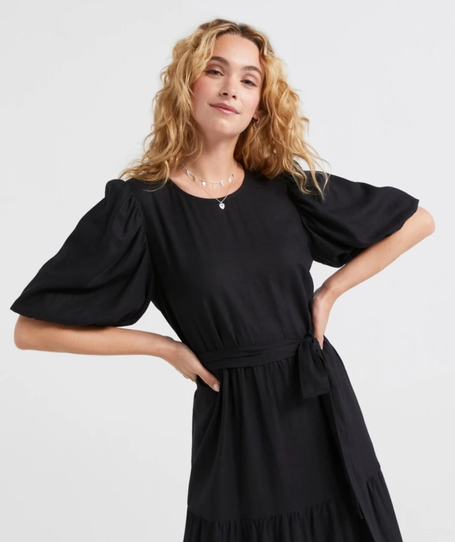 Sportsgirl Women's Elle Linen Blend Tiered Midi Dress - Casual Summer Boho Style